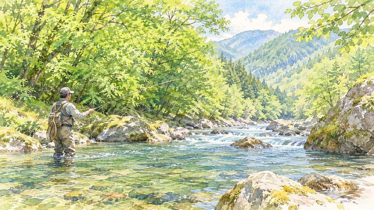 渓流でフライフィッシング